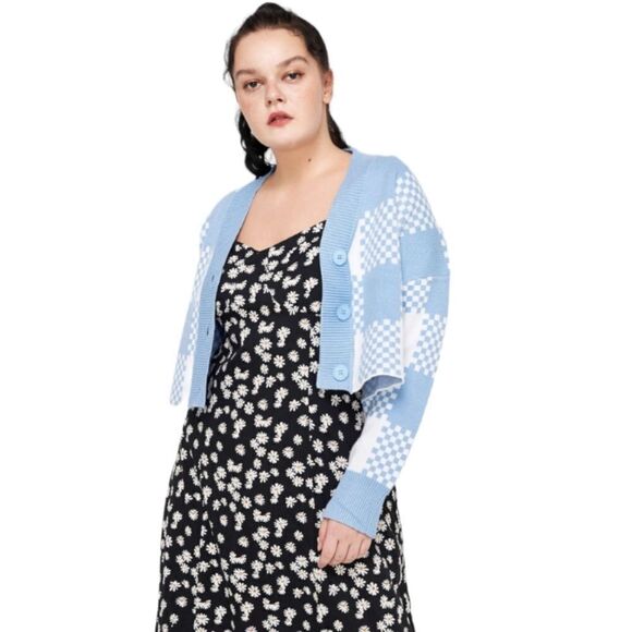 NEW Cider cropped blue check plaid‎ boxy oversized cardigan sweater L - Picture 1 of 10